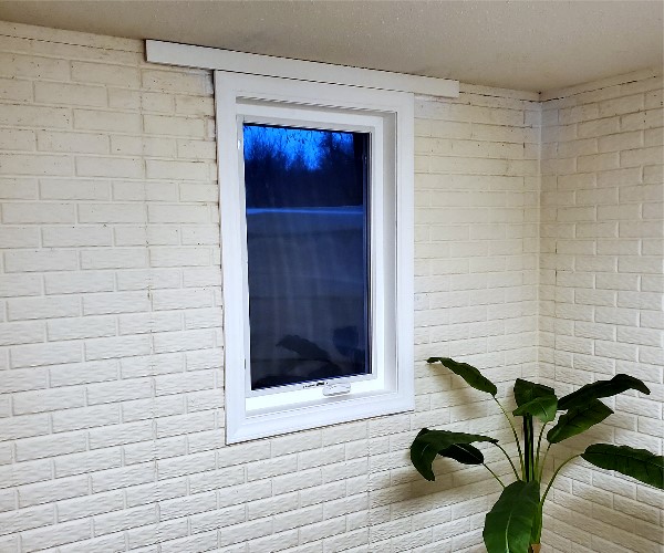 A window with a white frame and a plant in the corner.