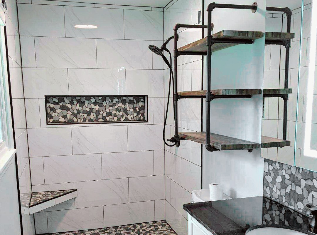 A tiled shower area